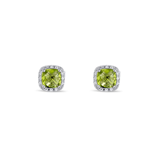 14K White Gold Peridot Cushion Cut Stud With Diamond Halo