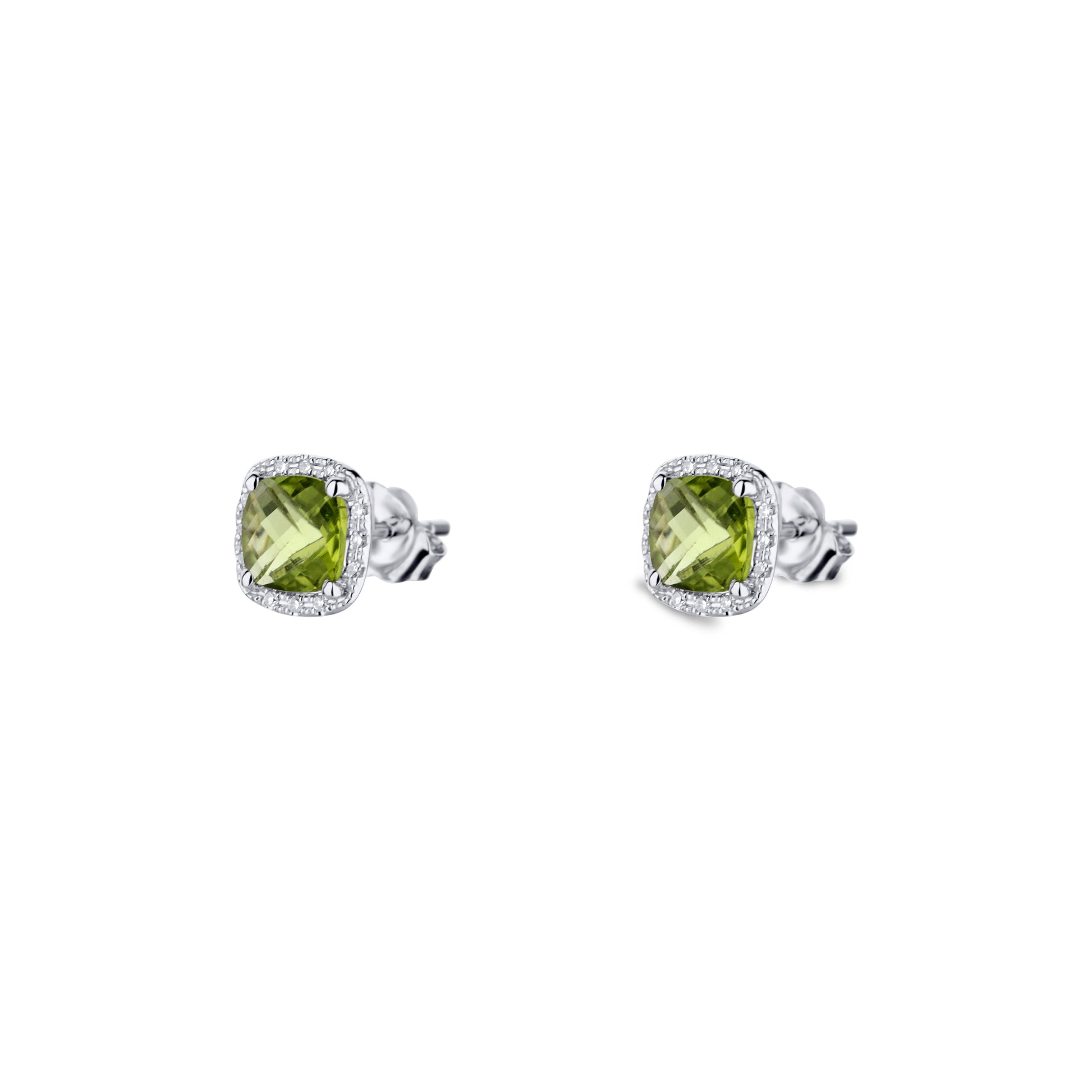 14K White Gold Peridot Cushion Cut Stud With Diamond Halo