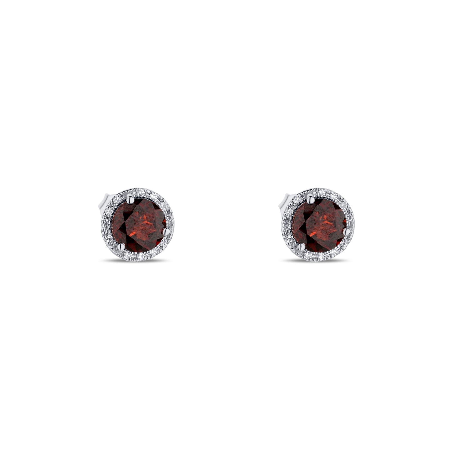 14K White Gold Garnet Round Halo Stud Earrings