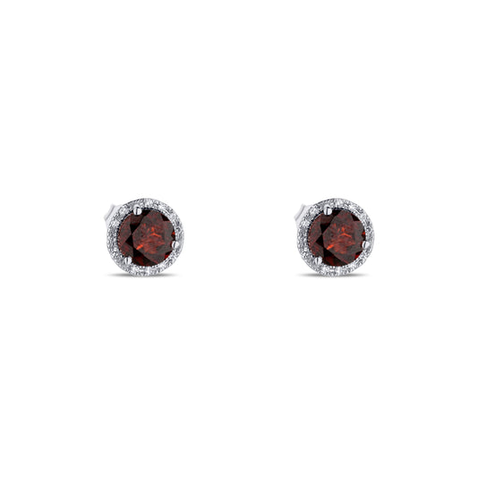 14K White Gold Garnet Round Halo Stud Earrings