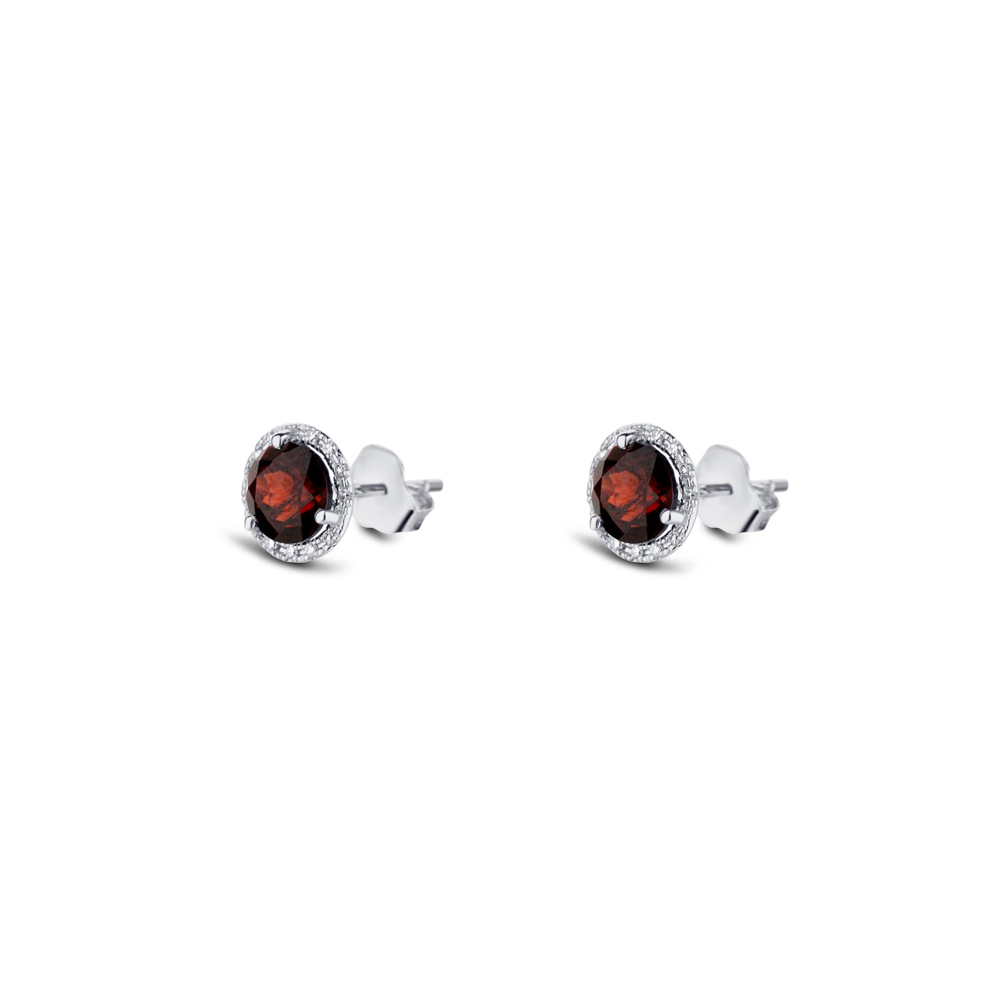 14K White Gold Garnet Round Halo Stud Earrings