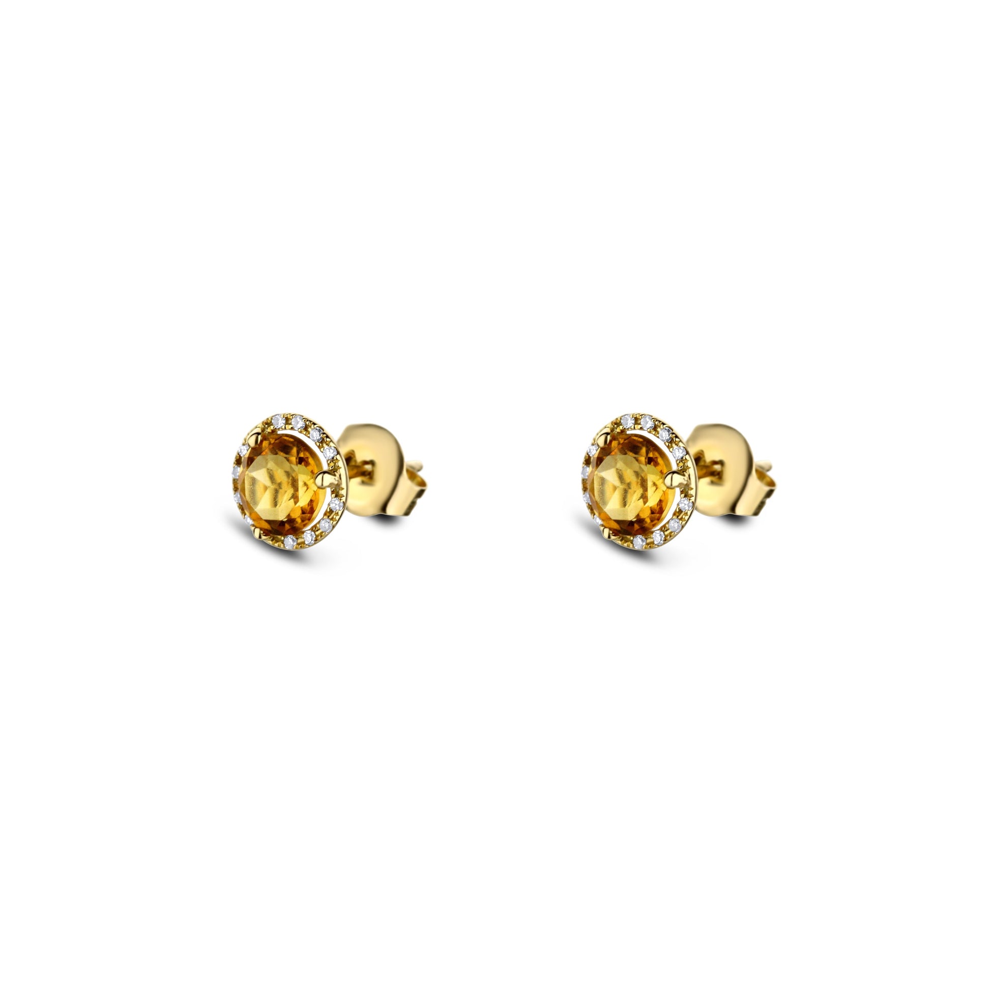 14K Yellow Gold Citrine And Diamond Round Stud Earrings