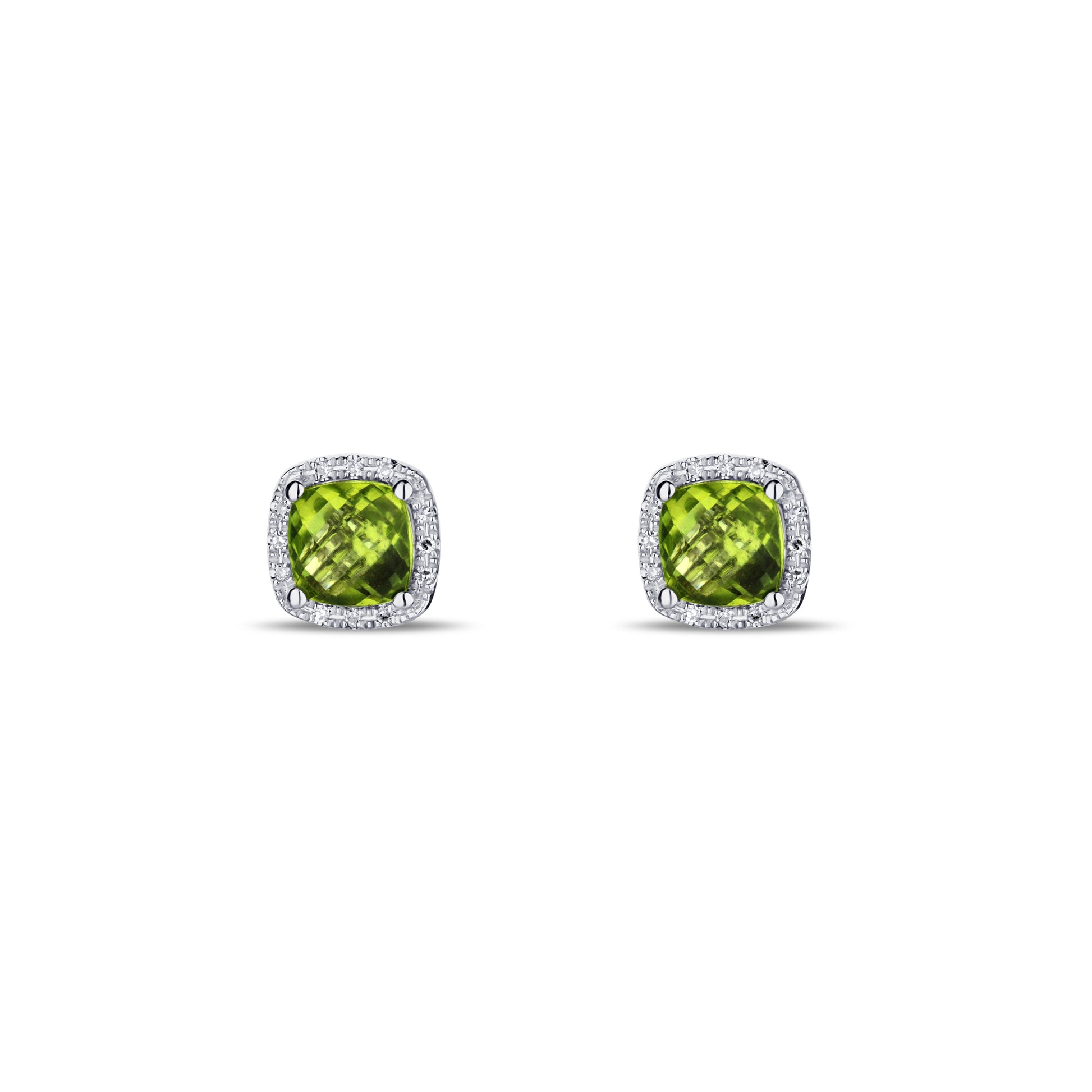 14K White Gold Cushion Halo Peridot Stud Earrings