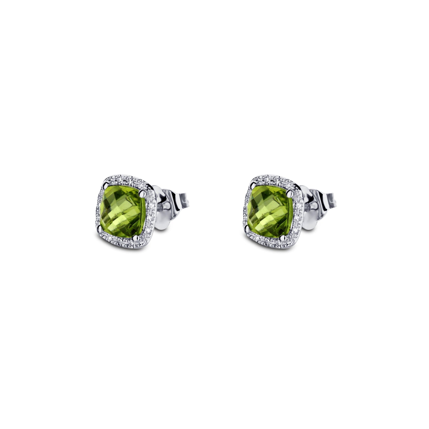 14K White Gold Cushion Halo Peridot Stud Earrings