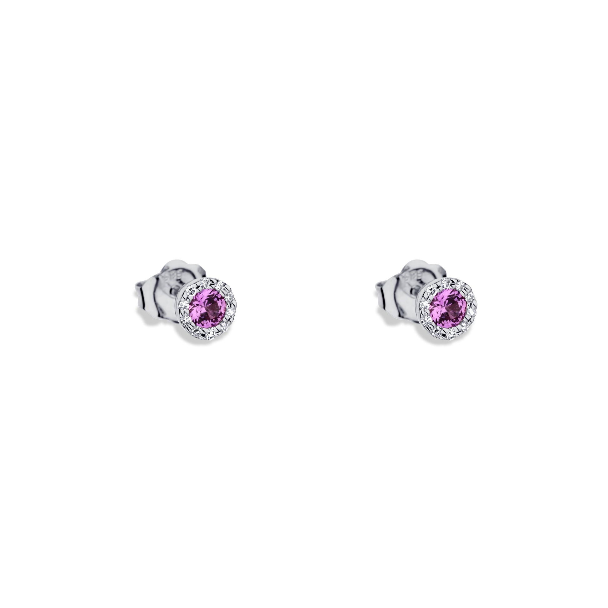 14K White Gold Created Pink Sapphire Round Halo Stud Earrings