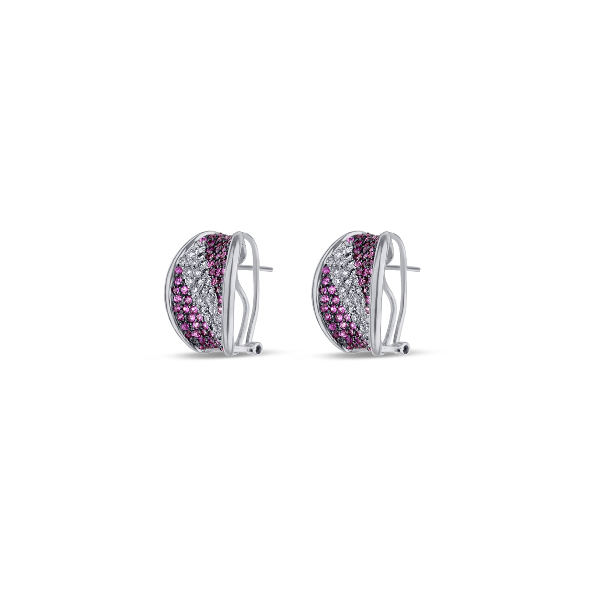 14K White Gold Pink Sapphire And Diamond Earrings With Black Rhodium Detail