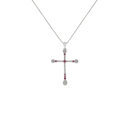 18K White Gold Diamond & Pink Sapphire Cross Pendant Necklace