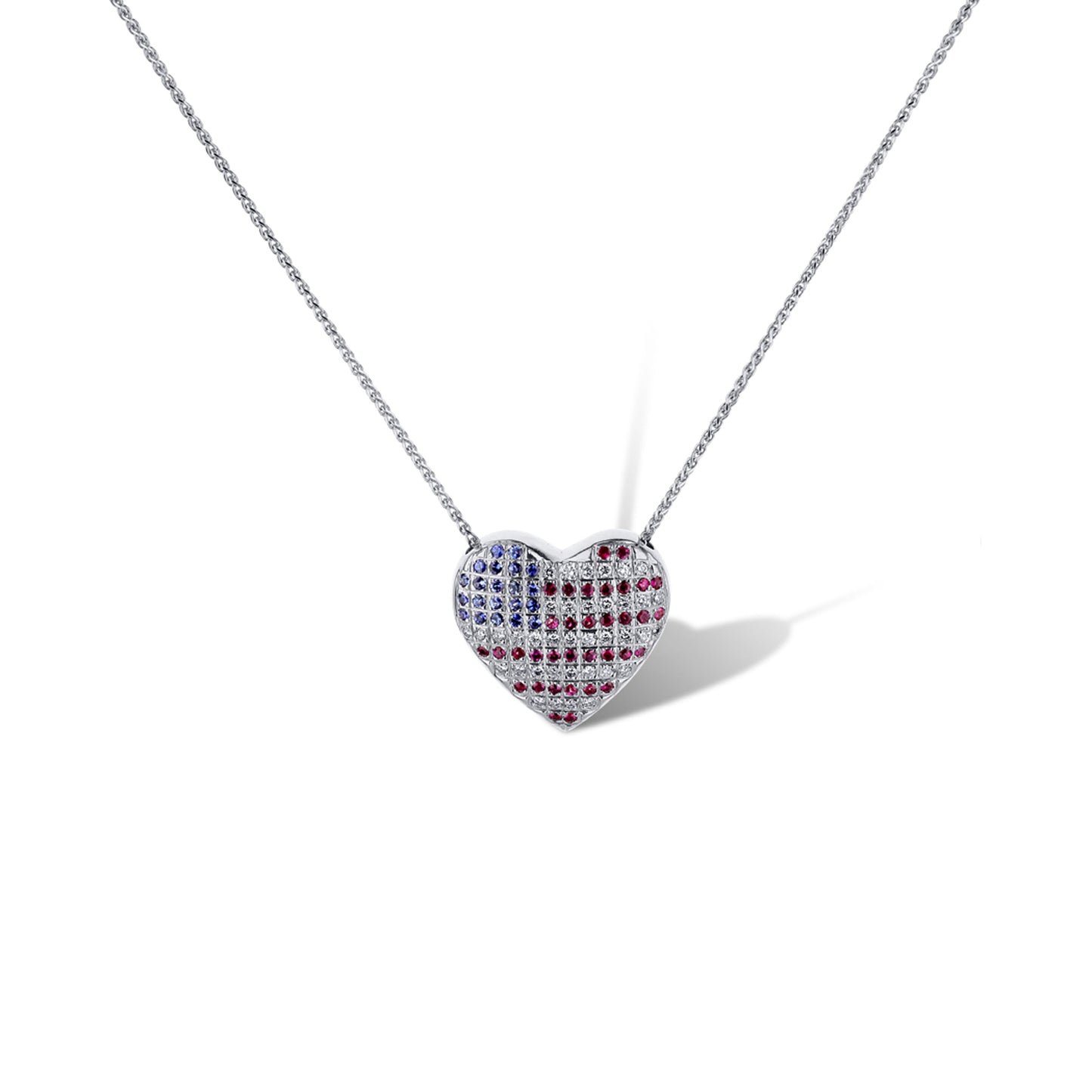 14K White Gold Usa Heart Pendant Necklace With Blue Sapphires And Rubies