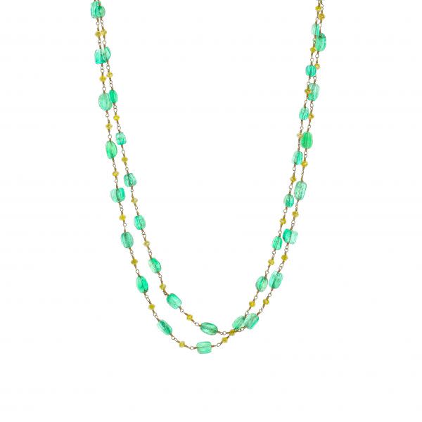 18K Yellow Gold Emerald And Yellow Diamond Beads Necklace