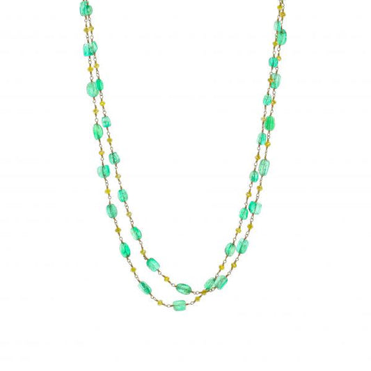 18K Yellow Gold Emerald And Yellow Diamond Beads Necklace