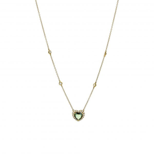 18K Yellow Gold Heart-Shaped Green Sapphire Pendant With Diamond Halo