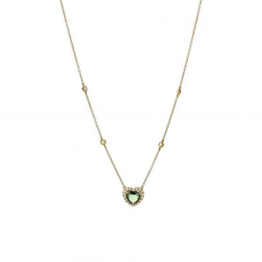 18K Yellow Gold Heart-Shaped Green Sapphire Pendant With Diamond Halo