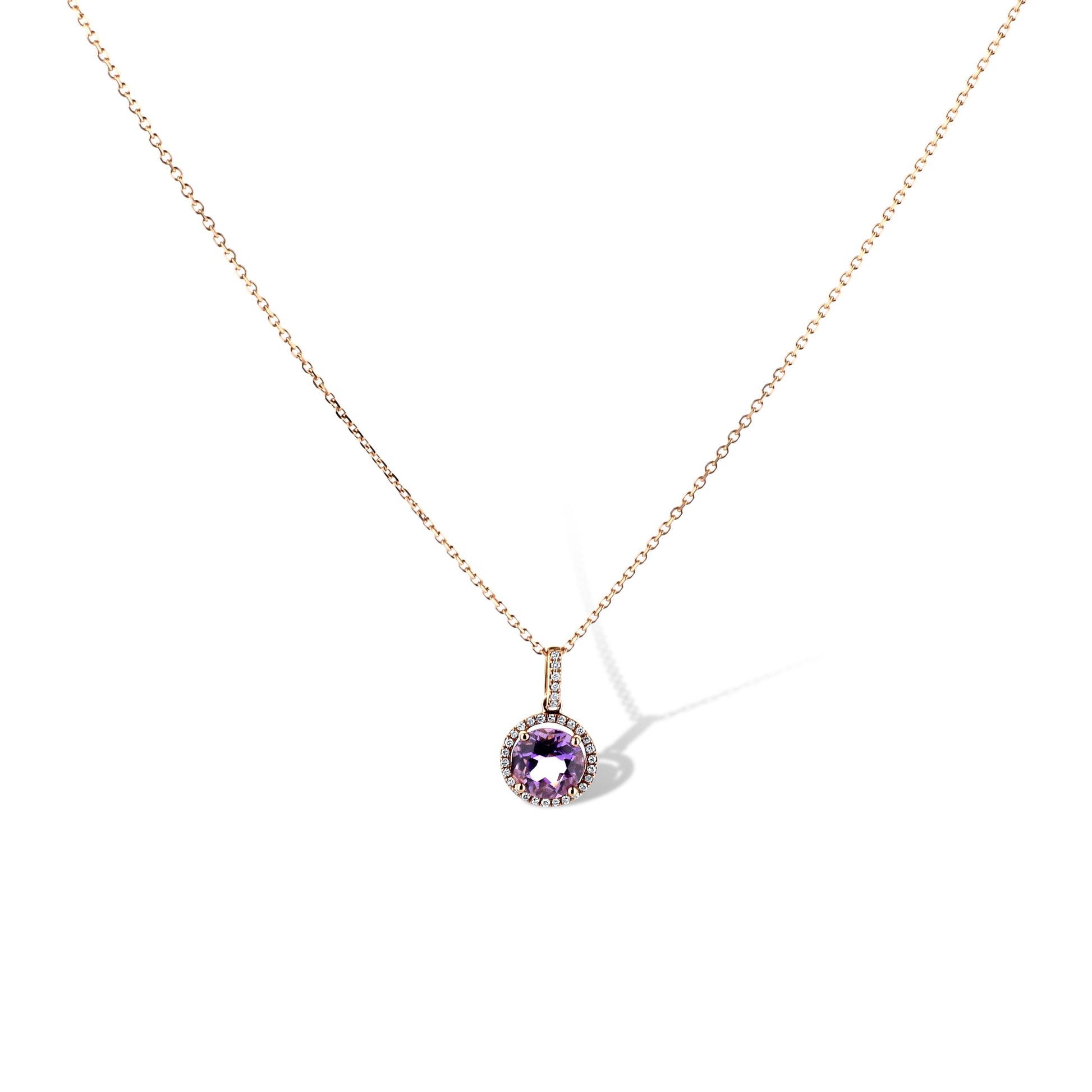 14K Rose Gold Round Amethyst Pendant With Diamond Halo On Rose Gold Chain