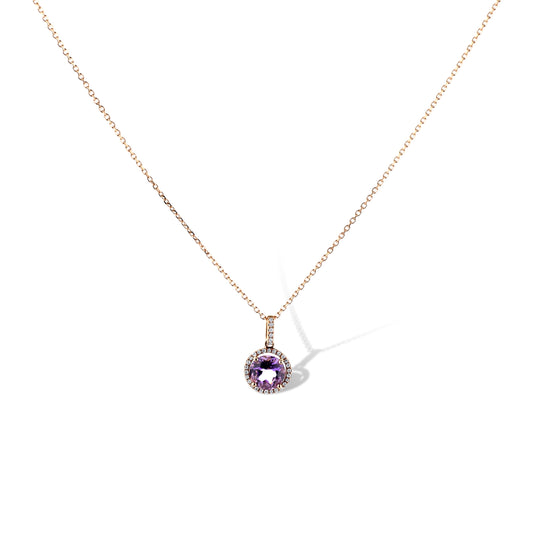 14K Rose Gold Round Amethyst Pendant With Diamond Halo On Rose Gold Chain