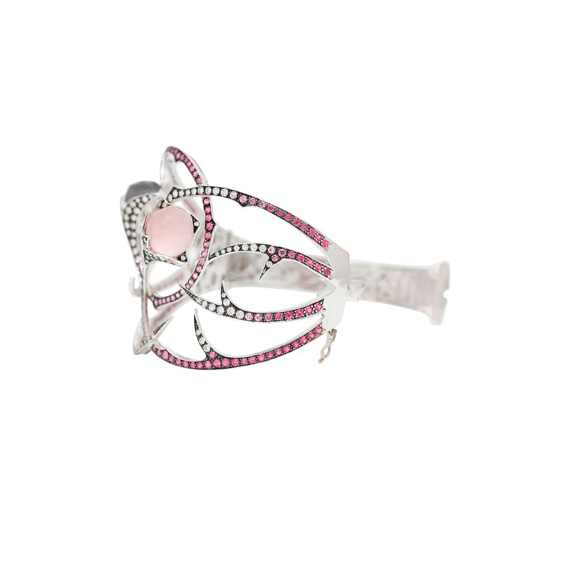 18K White Gold Diamond, Pink Sapphire, Hematite & Pink Tourmaline Thorn Bangle