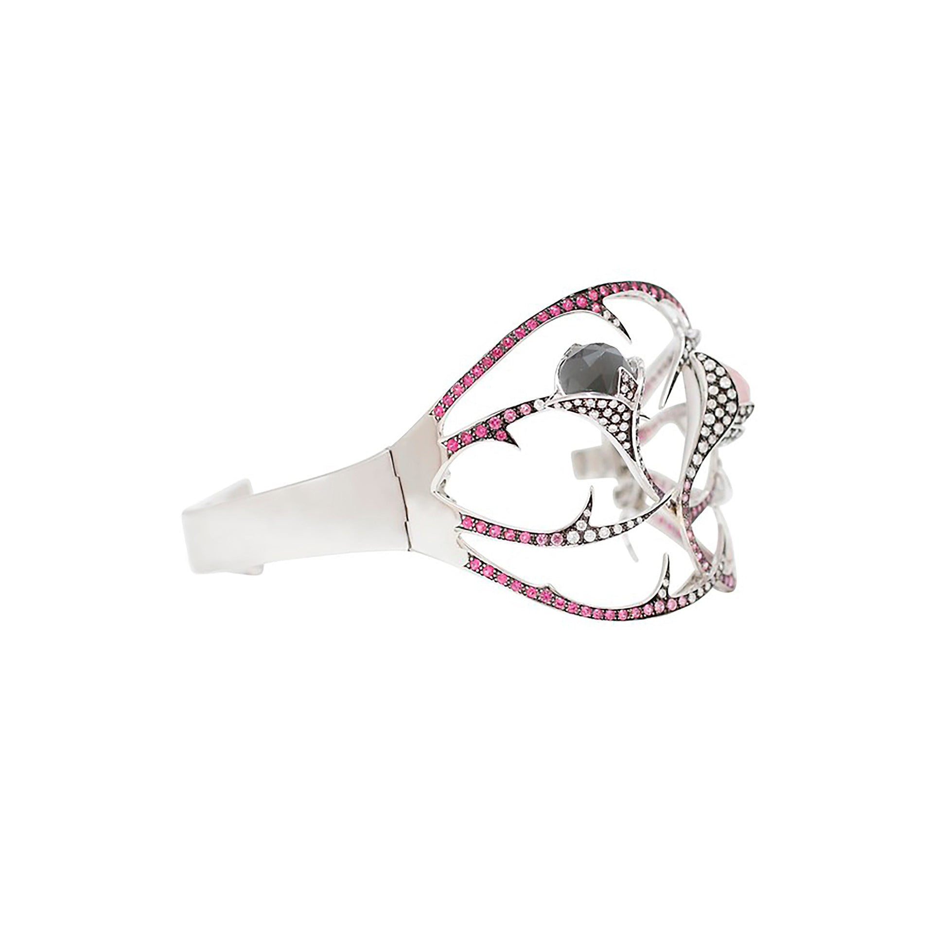 18K White Gold Diamond, Pink Sapphire, Hematite & Pink Tourmaline Thorn Bangle