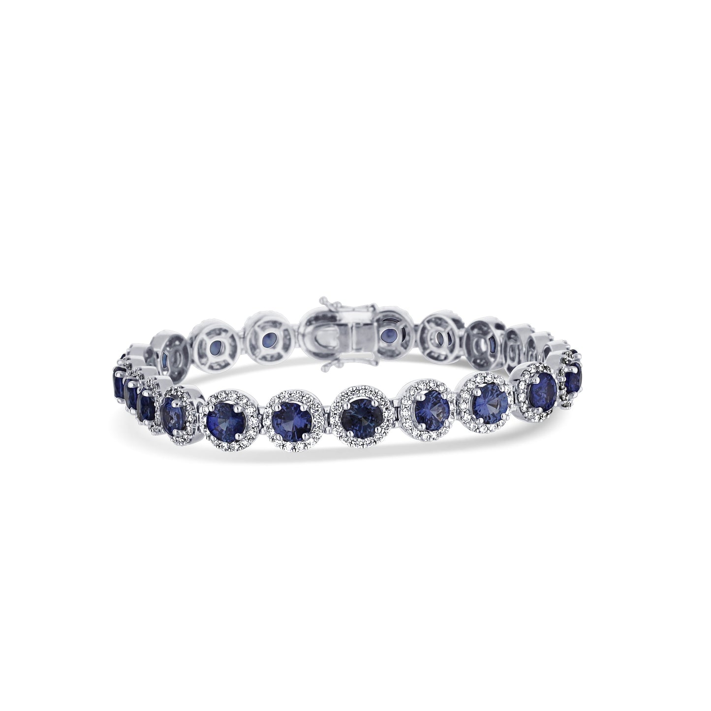 18K White Gold Blue Sapphire Round Halo Bracelet