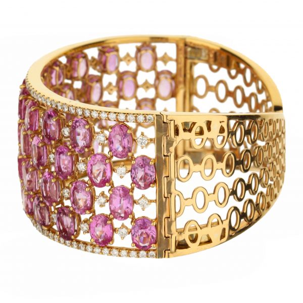 18K Rose Gold Pink Sapphire Diamond Cuff Bracelet