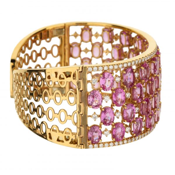 18K Rose Gold Pink Sapphire Diamond Cuff Bracelet