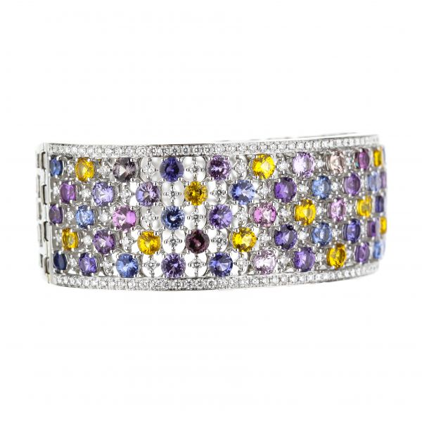 18K White Gold Multi-Color Sapphire Diamond Hinged Bangle Bracelet