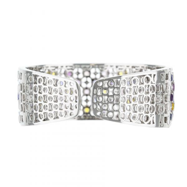 18K White Gold Multi-Color Sapphire Diamond Hinged Bangle Bracelet