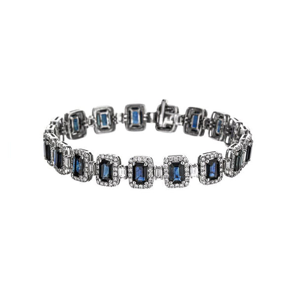 18K White Gold Emerald Cut Blue Sapphire And Baguette Diamond Bracelet