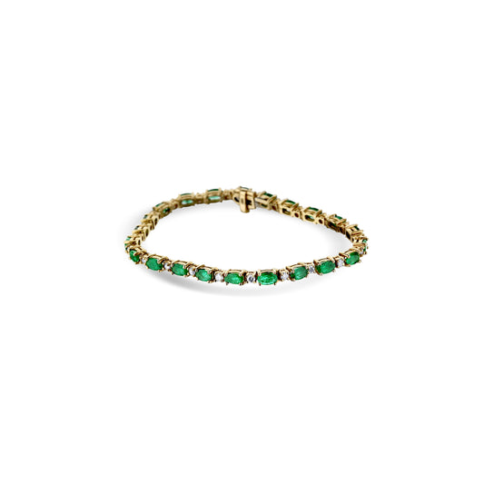 14K Yellow Gold Alternating Oval Emerald And Diamond Line Bracelet