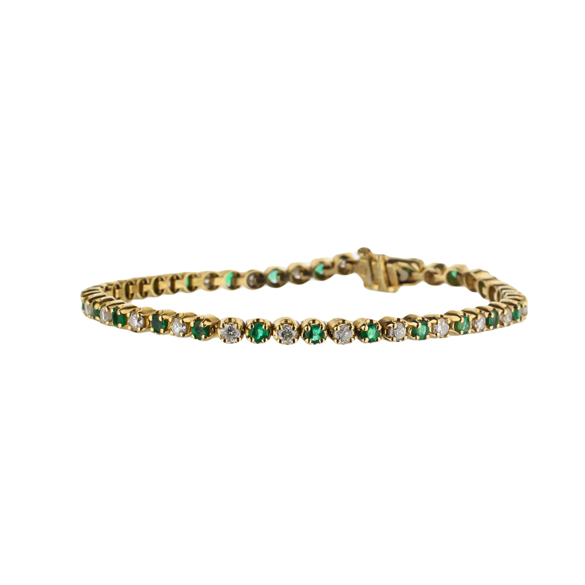 14K Yellow Gold Alternating Oval Emerald And Diamond Line Bracelet