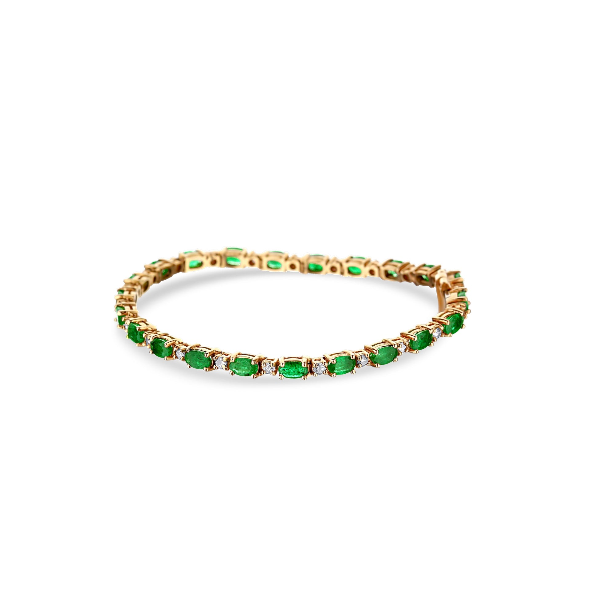 14K Yellow Gold Alternating Oval Emerald And Diamond Line Bracelet