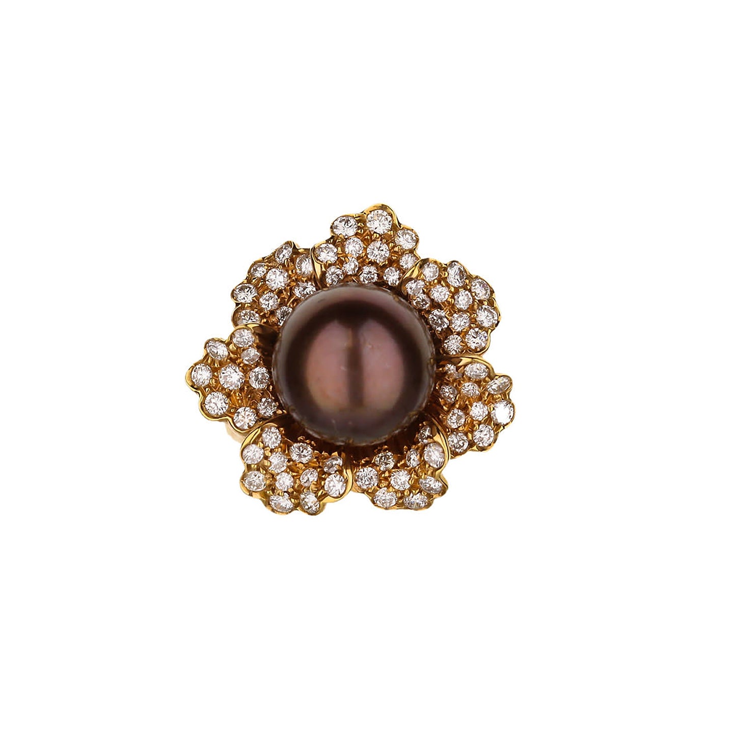 18K Rose Gold Round Diamond And Chocolate Pearl Flower Ring