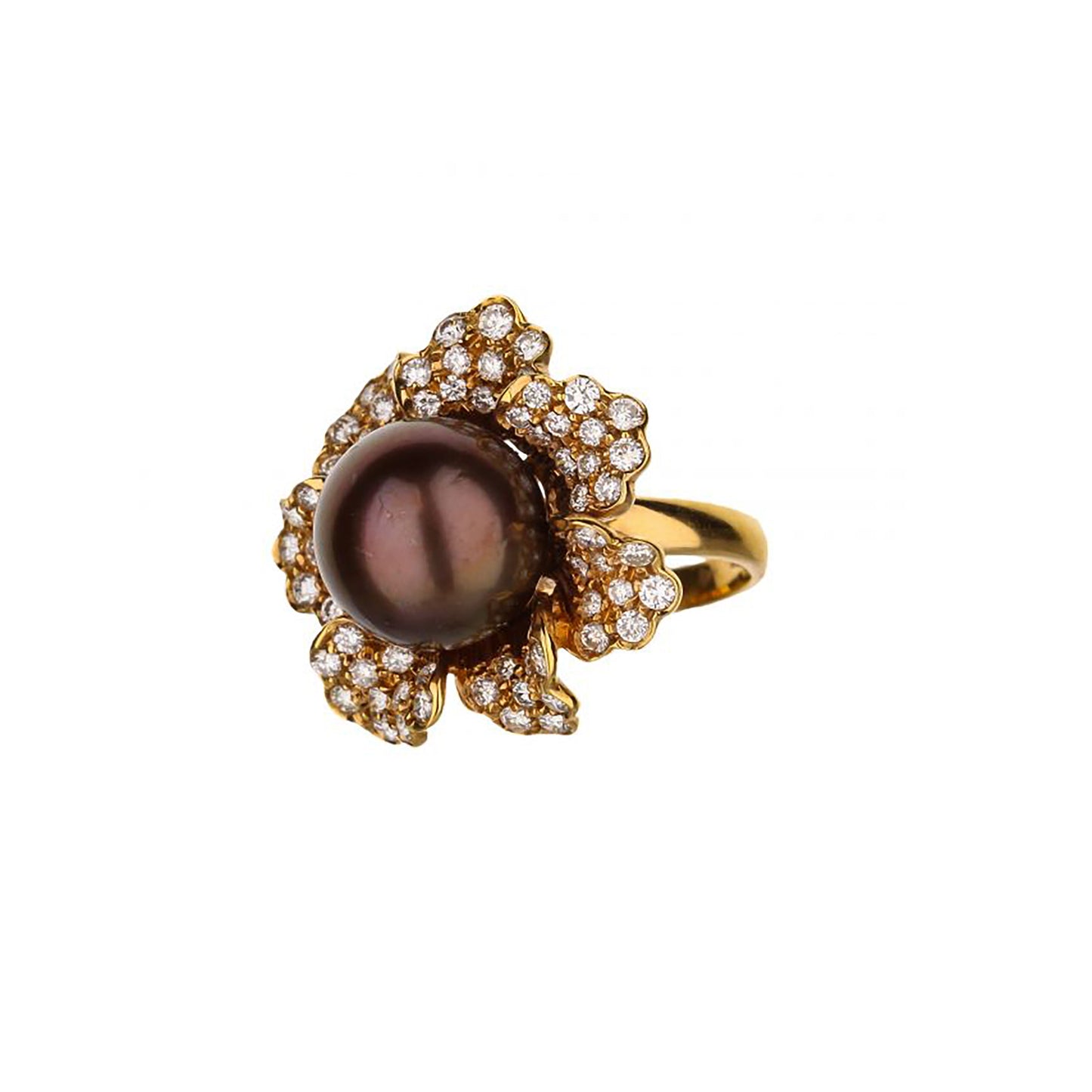 18K Rose Gold Round Diamond And Chocolate Pearl Flower Ring