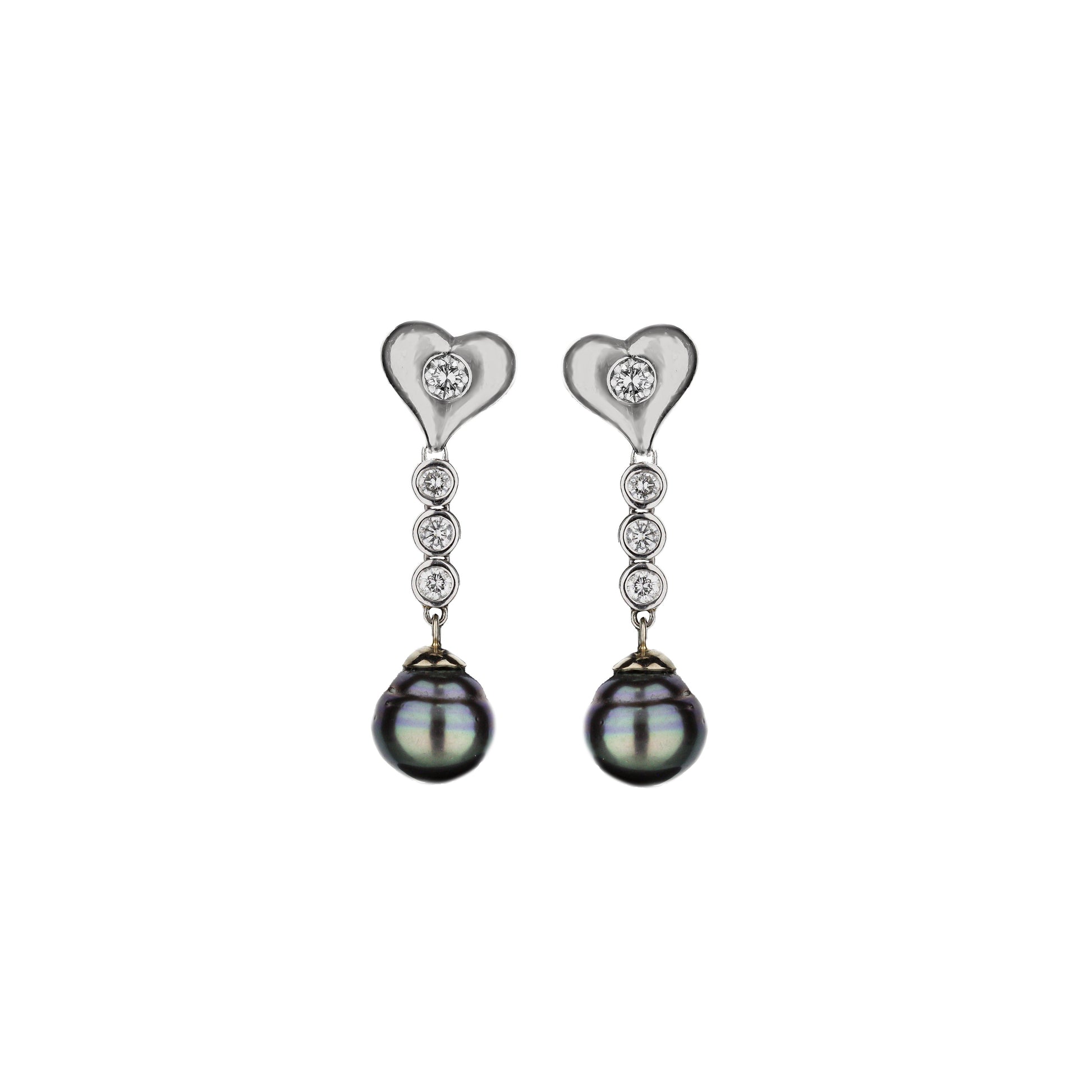 18K White Gold Diamond Heart Peacock Baroque Pearl Dangle Earrings