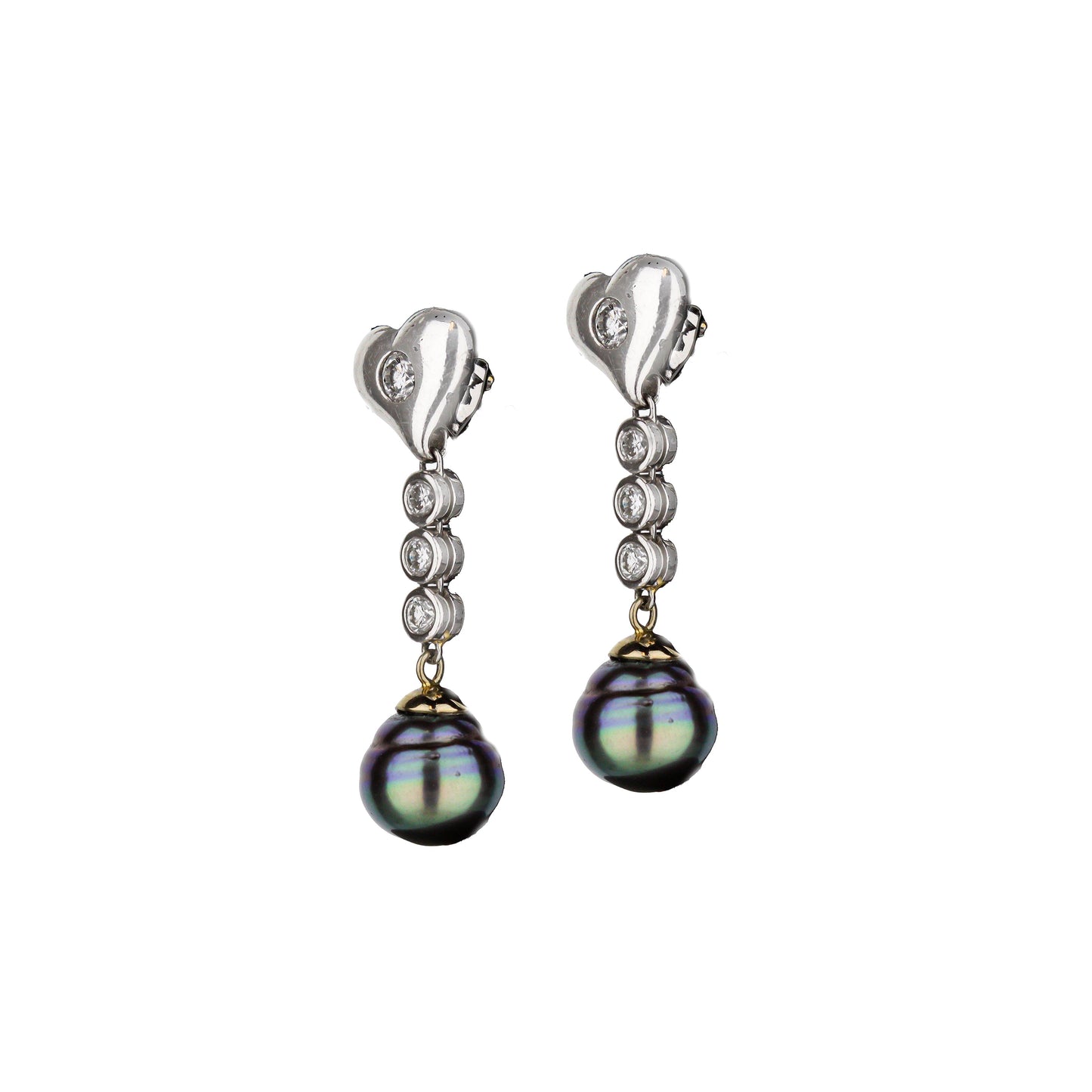 18K White Gold Diamond Heart Peacock Baroque Pearl Dangle Earrings