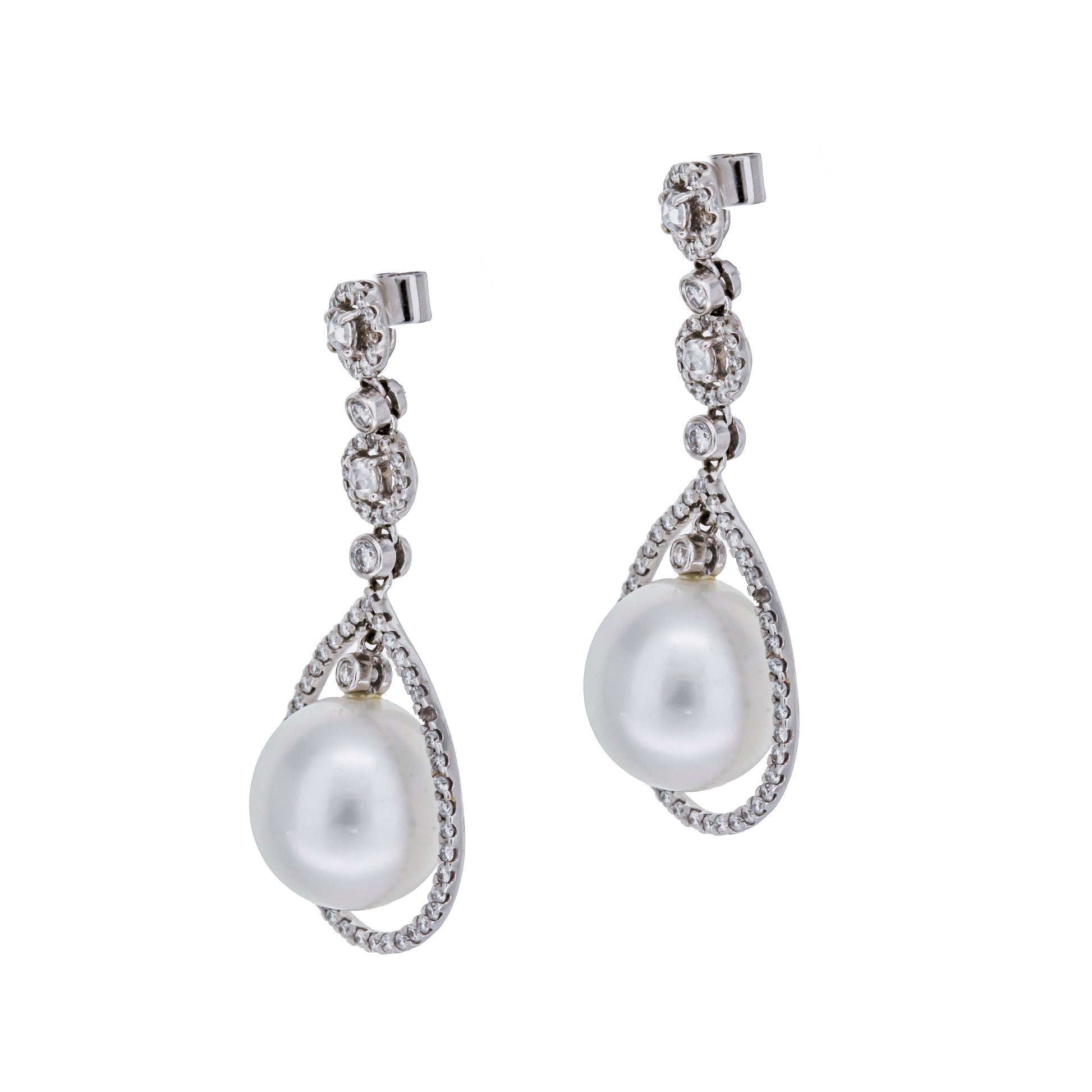 18K White Gold South Sea Pearls Pear Shaped Pave Outer Halos Elegant Drop Earrings