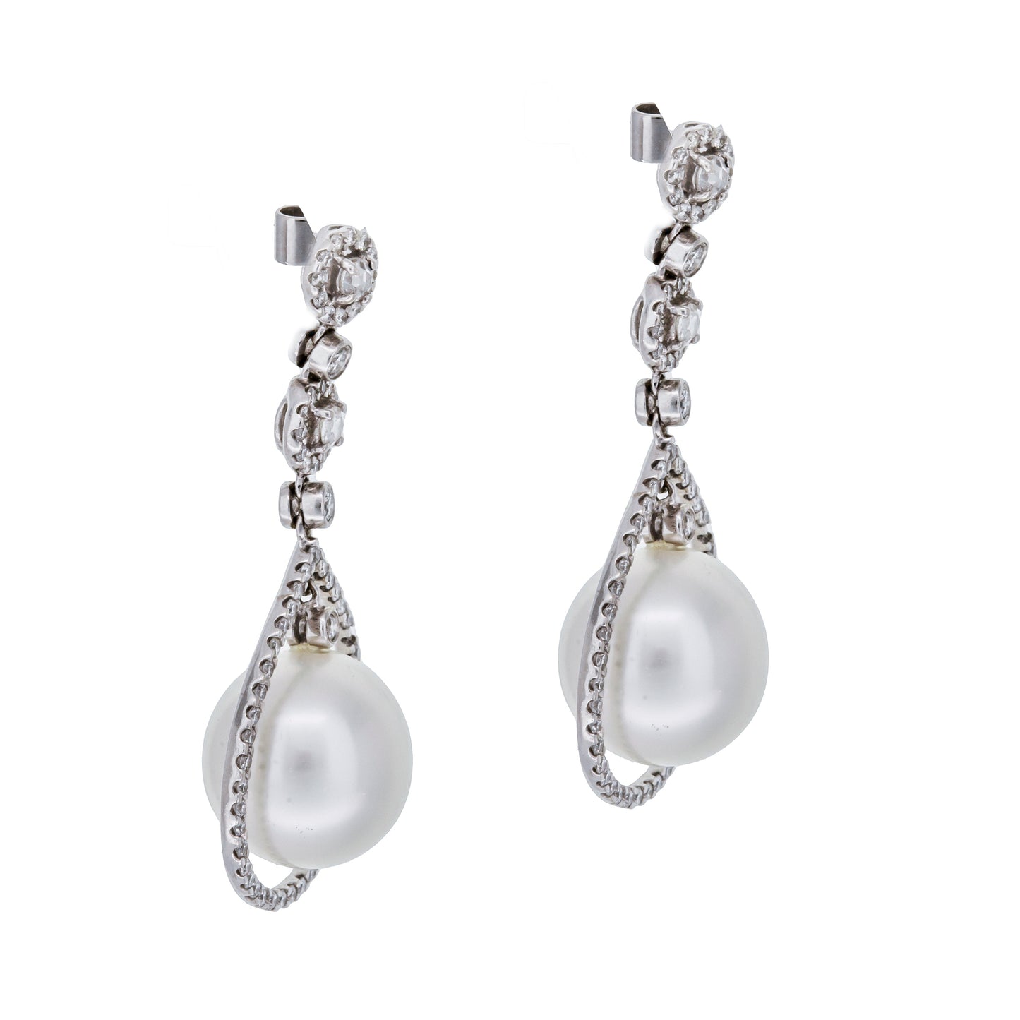 18K White Gold South Sea Pearls Pear Shaped Pave Outer Halos Elegant Drop Earrings