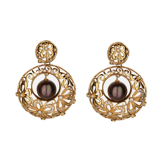 18K Rose Gold Flower Eyelet Chocolate Pearl Earrings