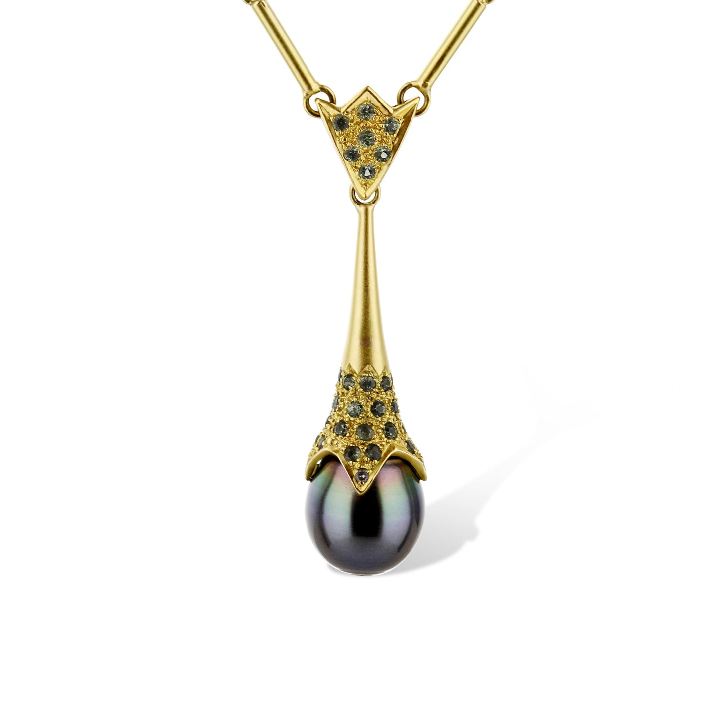 18K Yellow Gold Tahitian Pearl Drop Necklace With Green Pave Stones