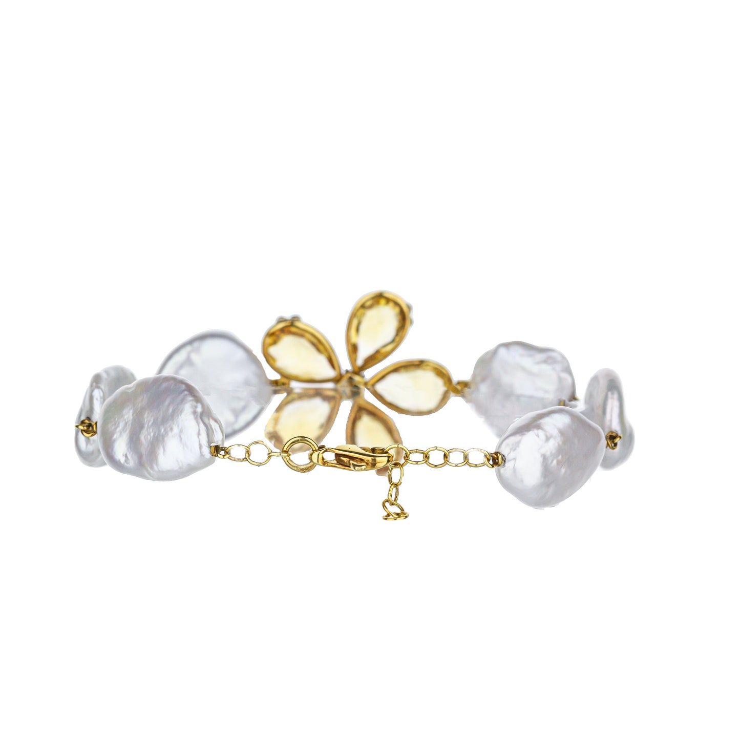 18K Yellow Gold Flower Citrine And P Earl Ladder Bracelet