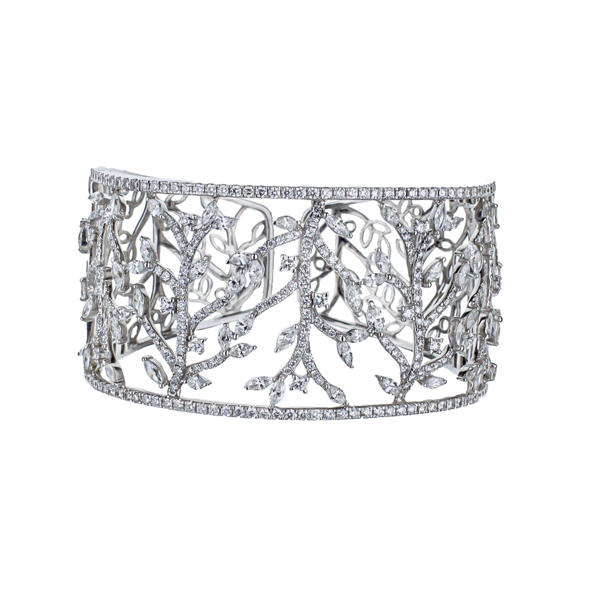 18K White Gold Round And Marquise Ivy Cuff Bracelet