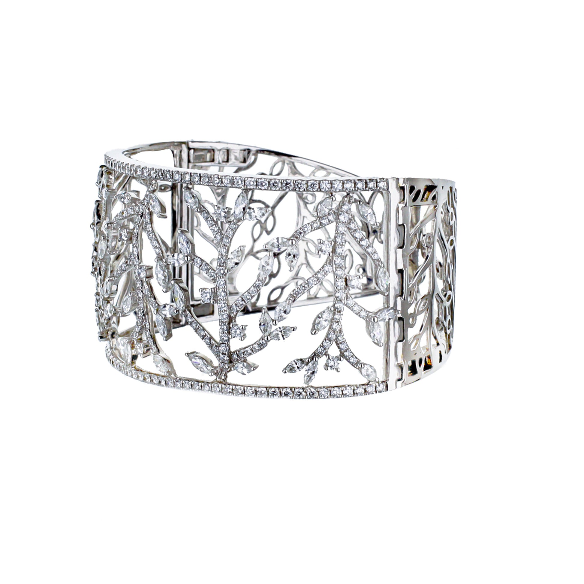 18K White Gold Round And Marquise Ivy Cuff Bracelet