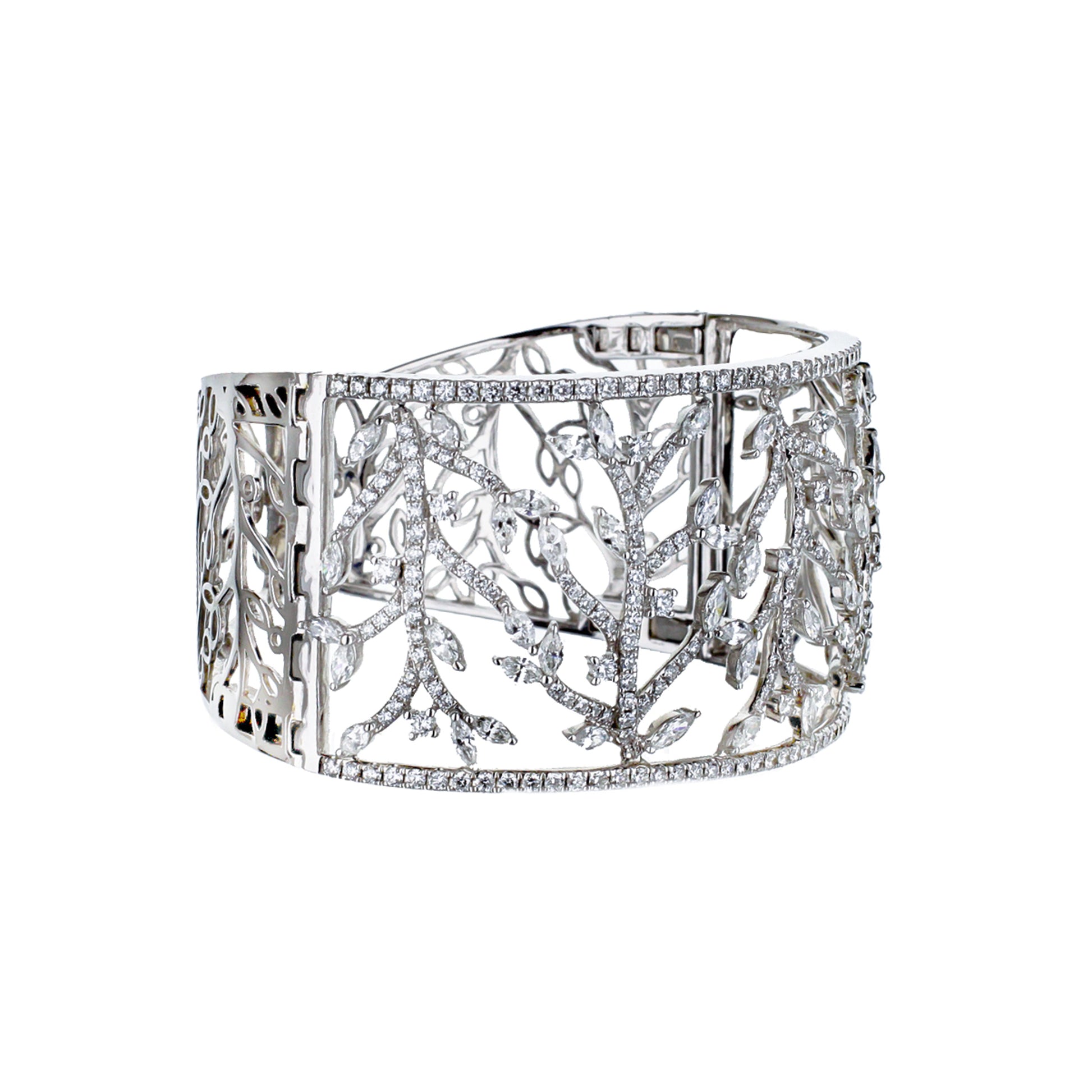 18K White Gold Round And Marquise Ivy Cuff Bracelet