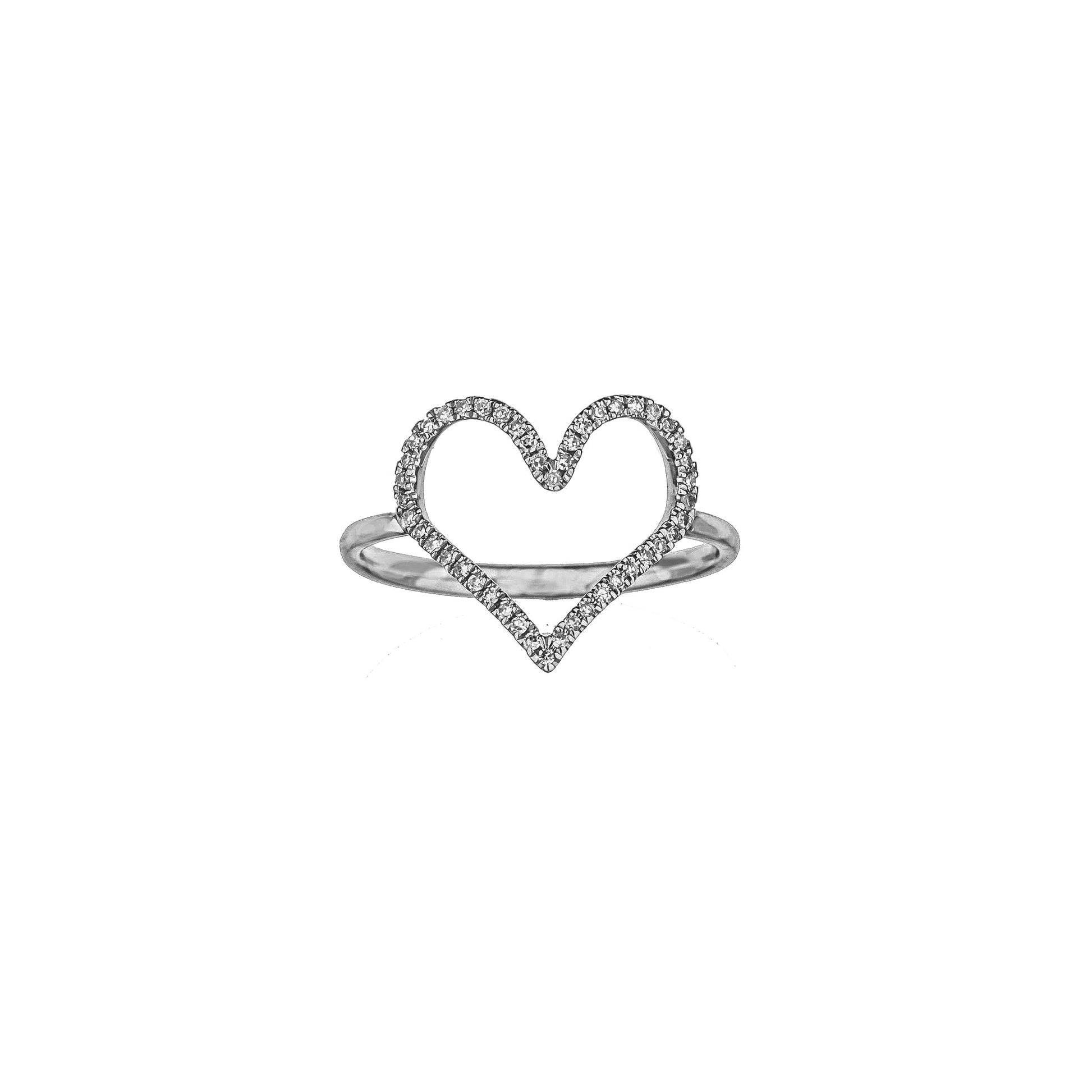 14K White Gold Open Heart Shape Ring With Prong Set Round Diamonds