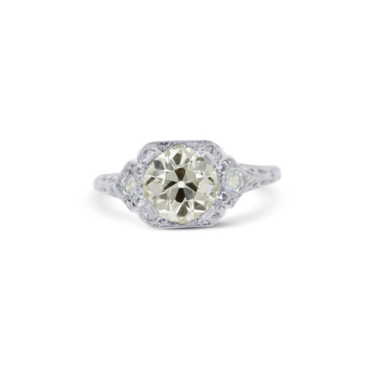 18K White Gold Floral Antique Ring With A 1.69 Carat Round Center Stone