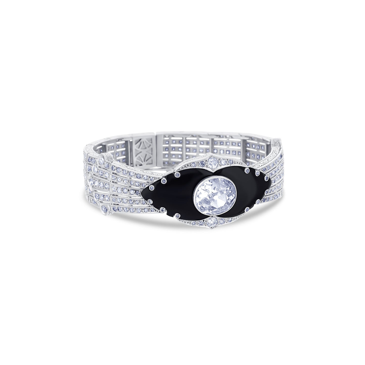 18K White Gold Vintage Diamond And Onyx Plate Bracelet Bezel Set Old European Cut Oval