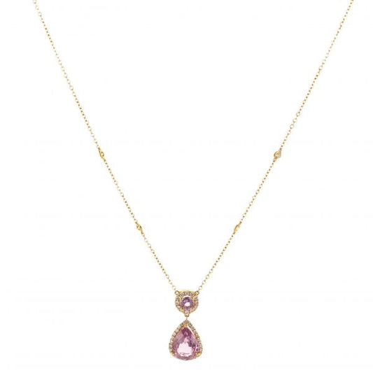 18K Rose Gold Pear-Cut Pink Sapphire In Diamond Halo Pendant Necklace