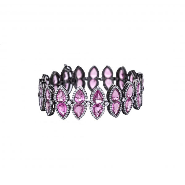 14K White Gold Pear-Shaped Pink Sapphire Diamond Bracelet