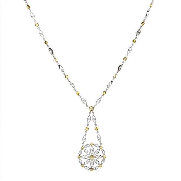 18K White & Yellow Gold Flower Circle Pendant Round White And Yellow Diamonds 306Ctw