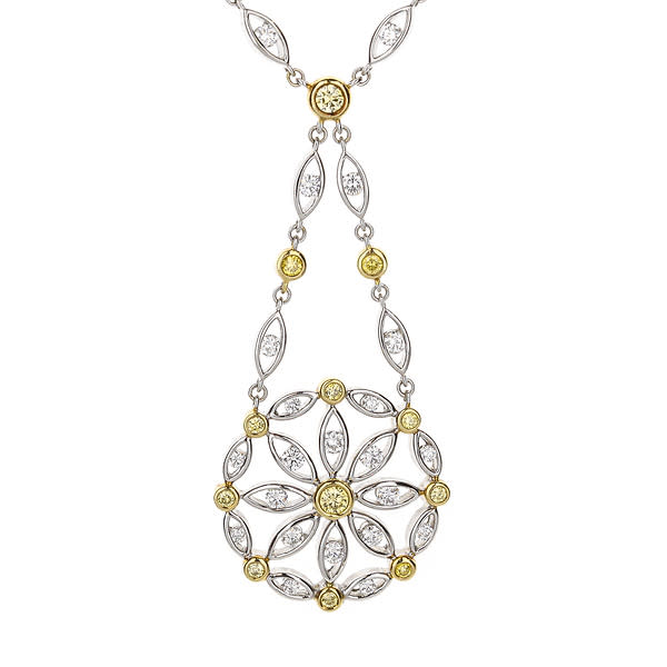 18K White & Yellow Gold Flower Circle Pendant Round White And Yellow Diamonds 306Ctw