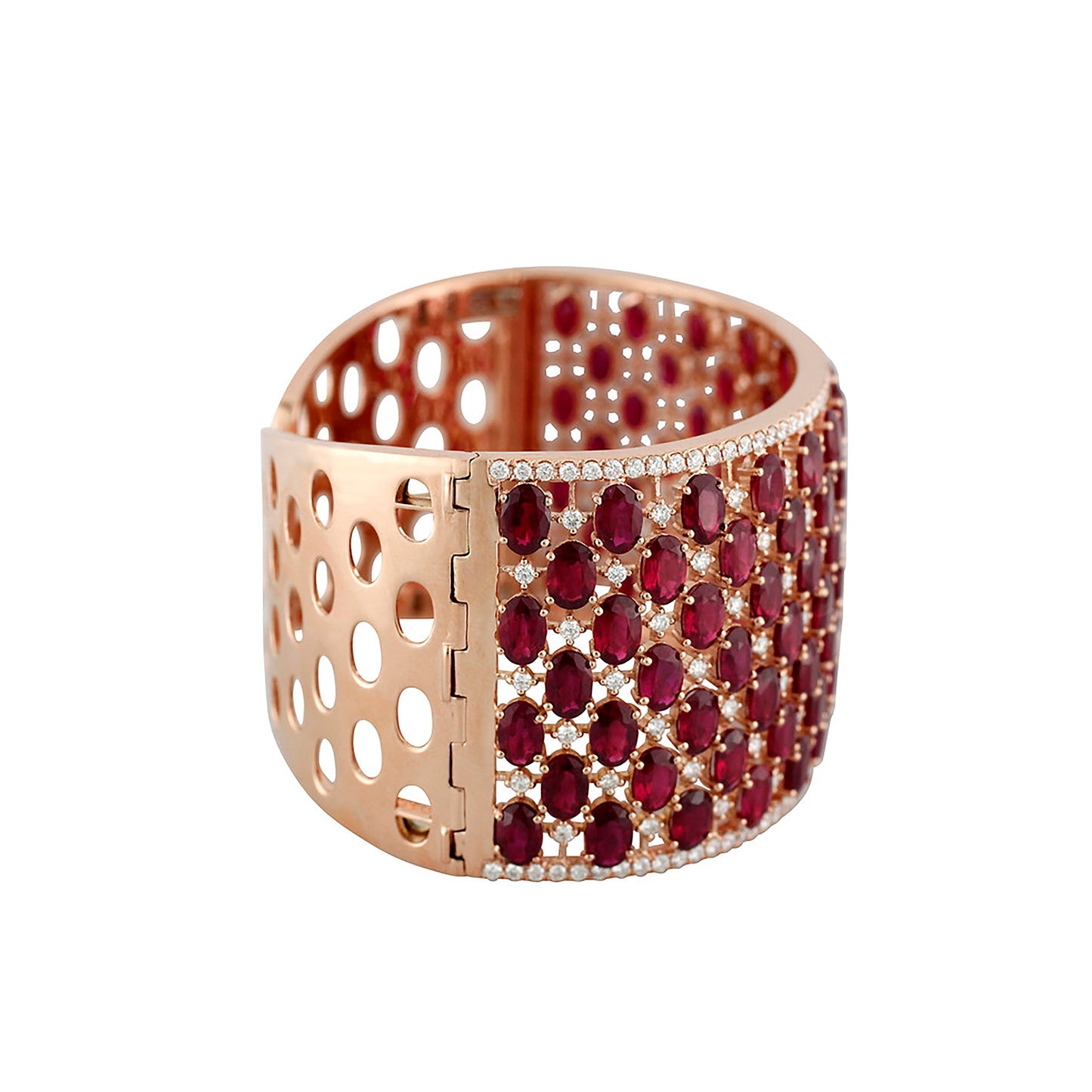 18K Rose Gold 49.78Ctw Rubies And 4.29Ctw Diamonds Cuff