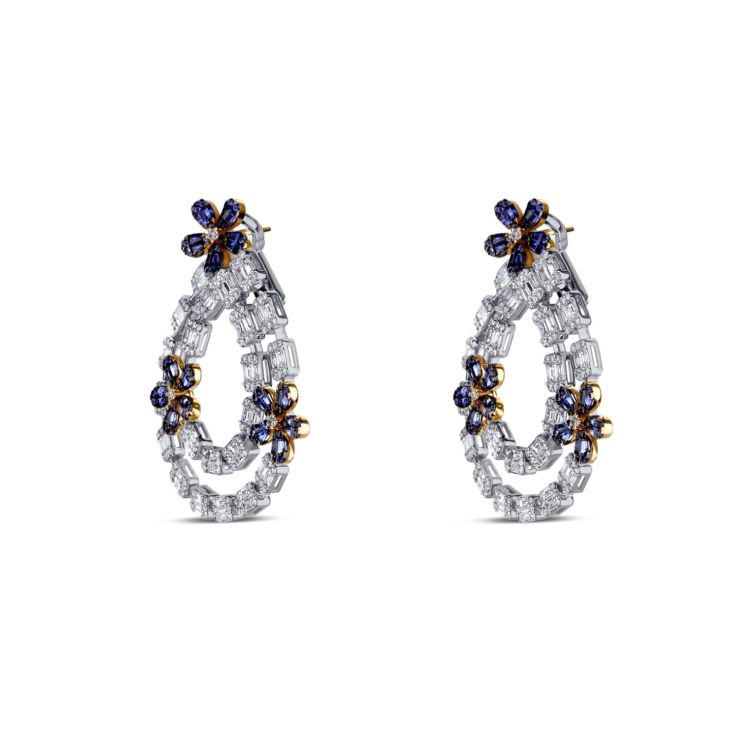 18K Two-Tone Diamond And Blue Sapphire Flower Drop Earrings